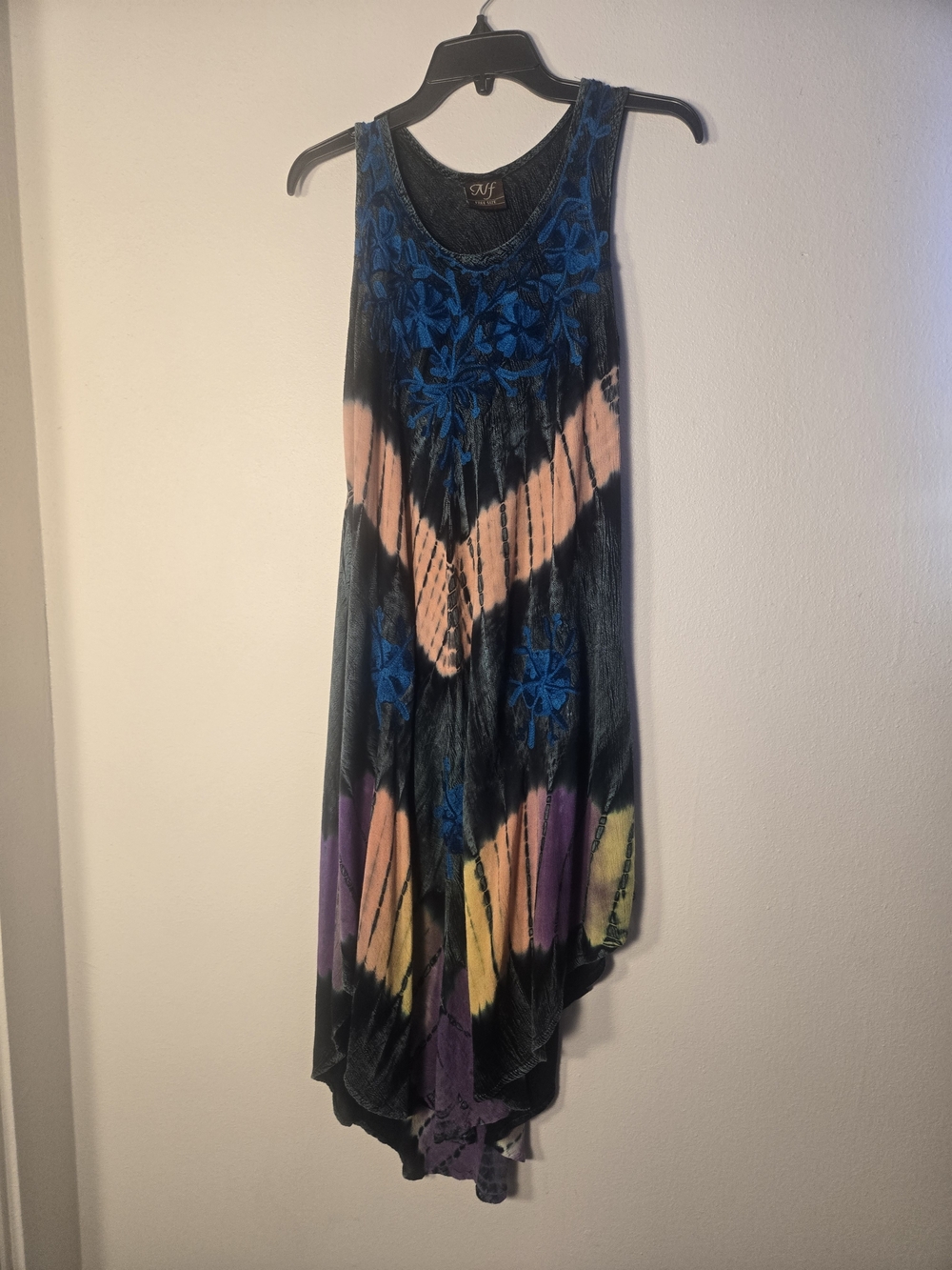 Boho Tie-Dye Tank Midi Dress with Floral Embroidery - Black & Multicolor